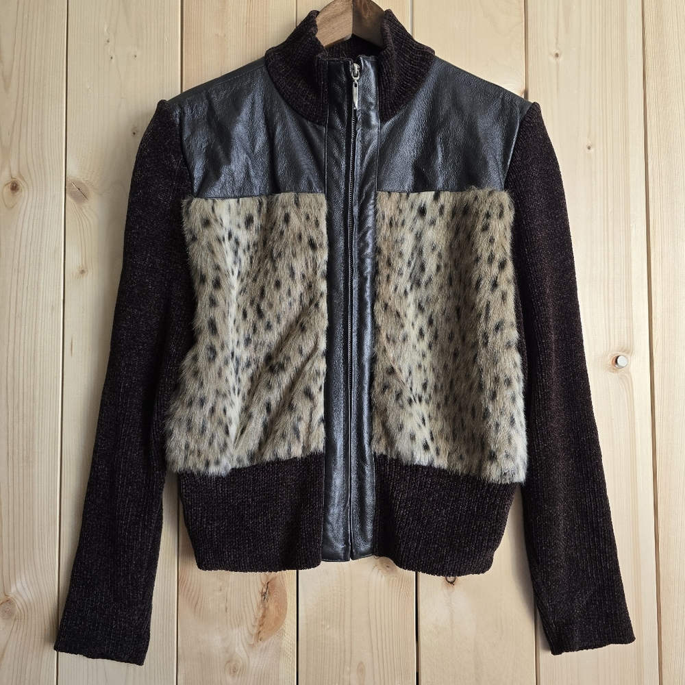 Lisa International Leather Faux Fur Animal Print Zip Up Sweater Jacket Large
